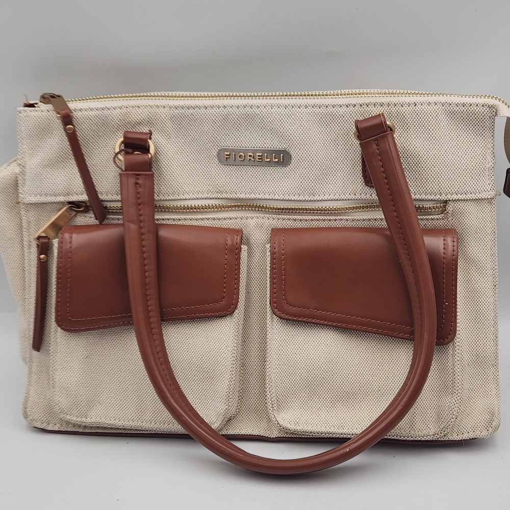 Fiorelli Canvas Tote‎ Bag Cream Tan Faux Leather Trim Zip Top Handbag